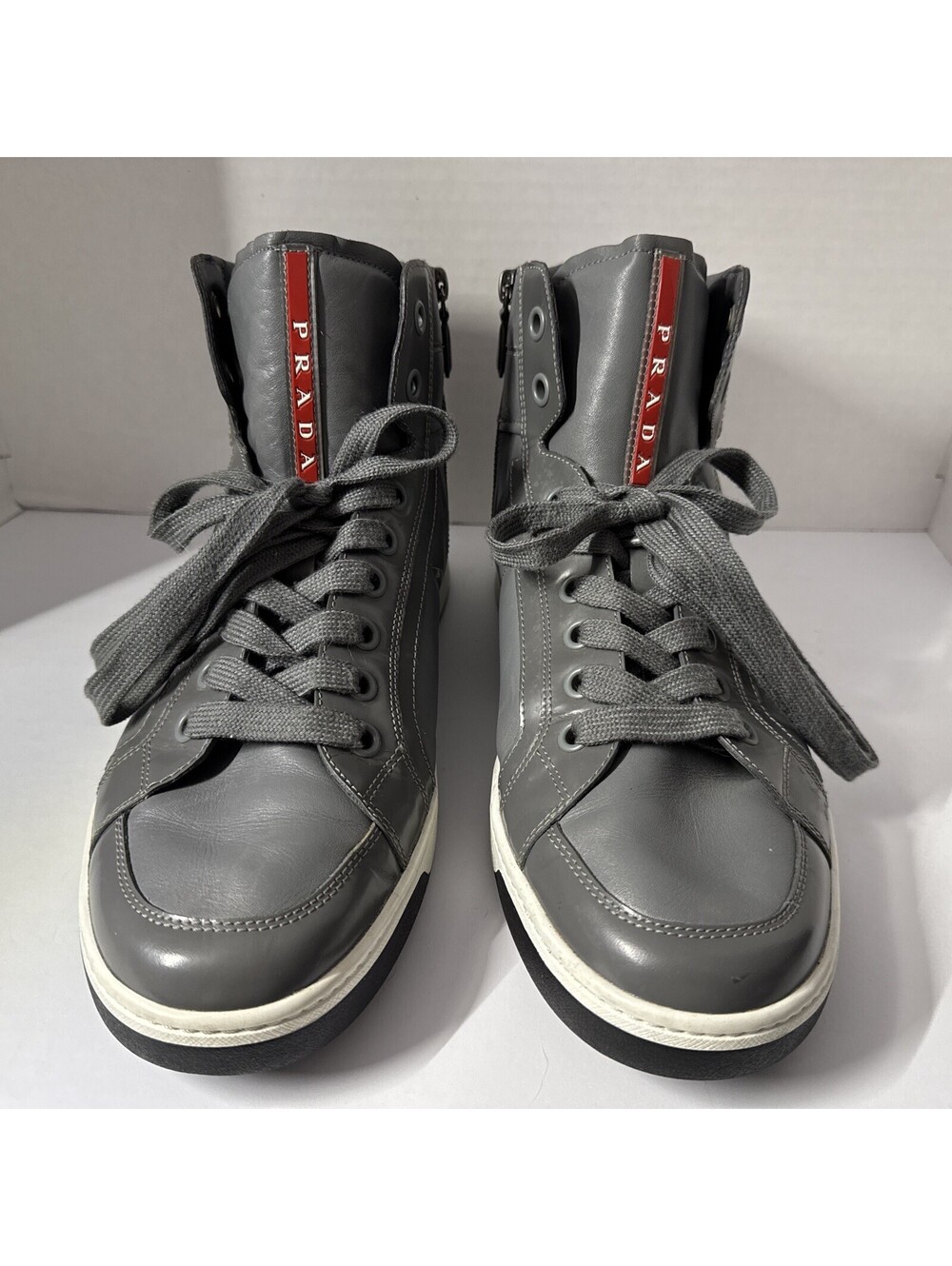 Prada Red Stripe Linea Rossa Gray Leather High-Top Sneakers 4T2723 Men's Size 9